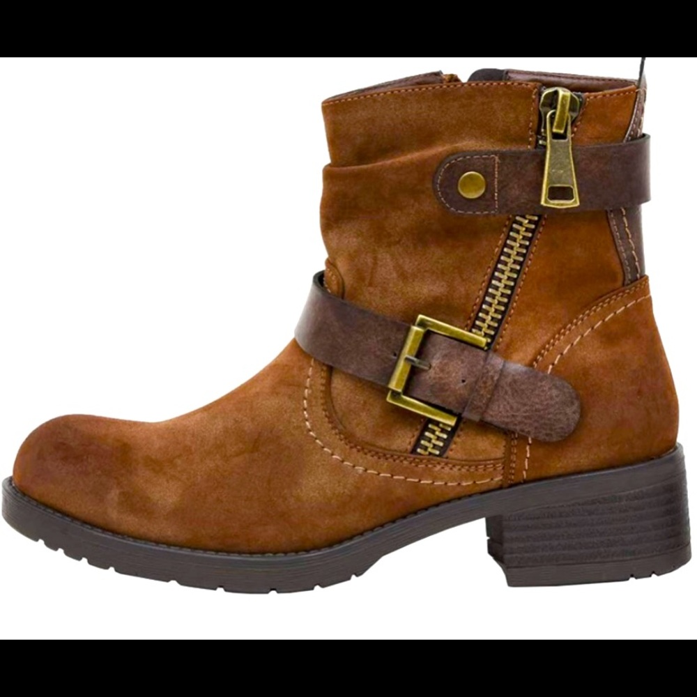Brand new, never worn! Brown faux leather ankle moto ankle boots.